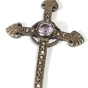 Vintage Amethyst Cross Pendant Marcasite Sterling Silver